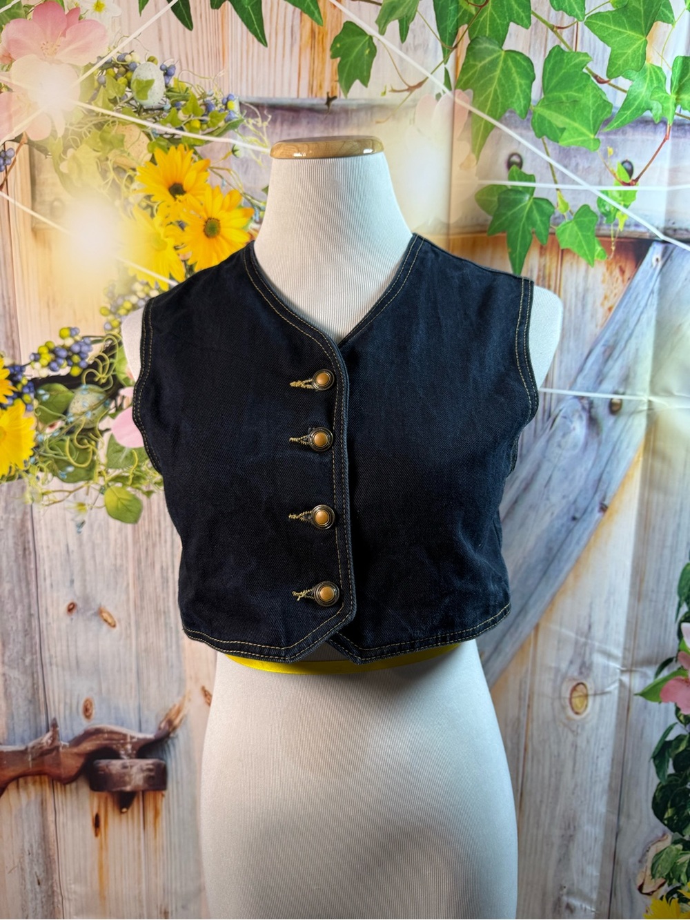 824- Vintage Women's Black Cropped Denim Vest with Brass Buttons
